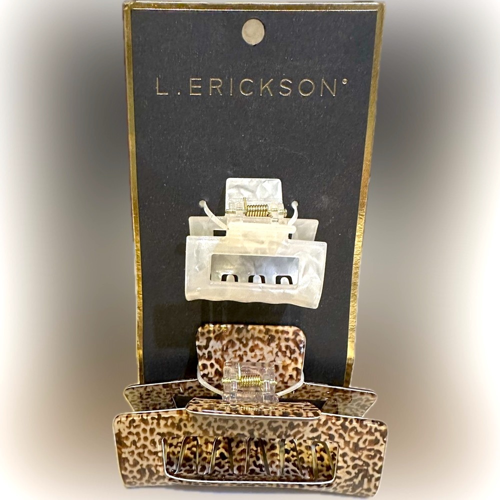 L. ERICKSON SET OF TWO CLAW HAIR CLIPS LEOPARD CHEETAH MOP MOTHER OF PEARL BROWN